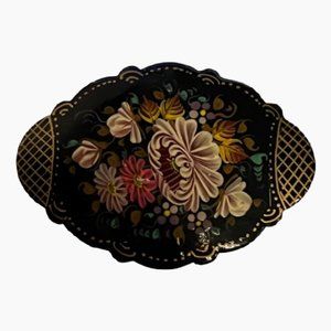 Vintage Russian Black Lacquer Scalloped Floral Brooch Artist Signed